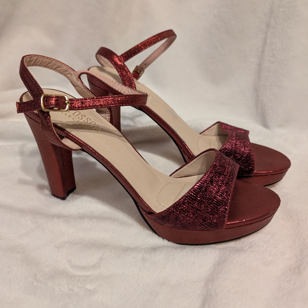 De Blossom Collection Red Platform Heels with Ankle Strap